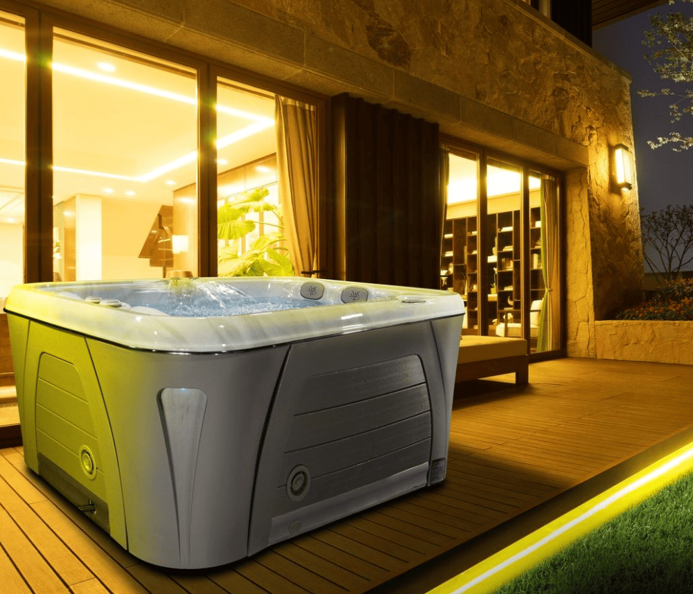 Hot tub operating in the garden at night time