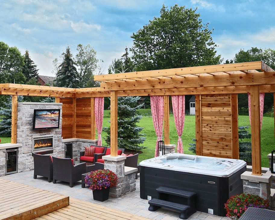 Back yard swim spa with fireplace